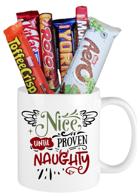 Nice Until Proven Naughty Christmas Chocolates Mug