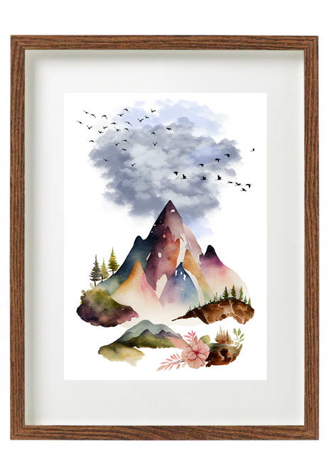 Watercolour Mountains Wood Famed Wall Art A3