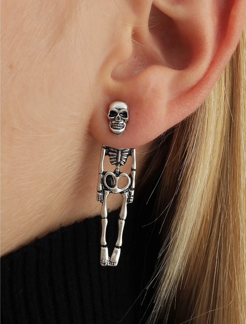 Skull Skeleton Antique Silver Colour Fun Earrings Pair