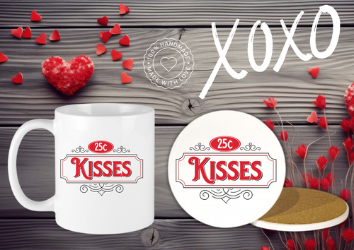 Kisses 25 cents Ceramic Mug & Coaster Valentines Gift Set