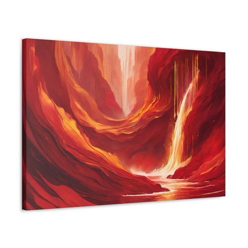 Crimson & Gold Water Fall Abstract Satin Canvas Stretched 36" x 24"