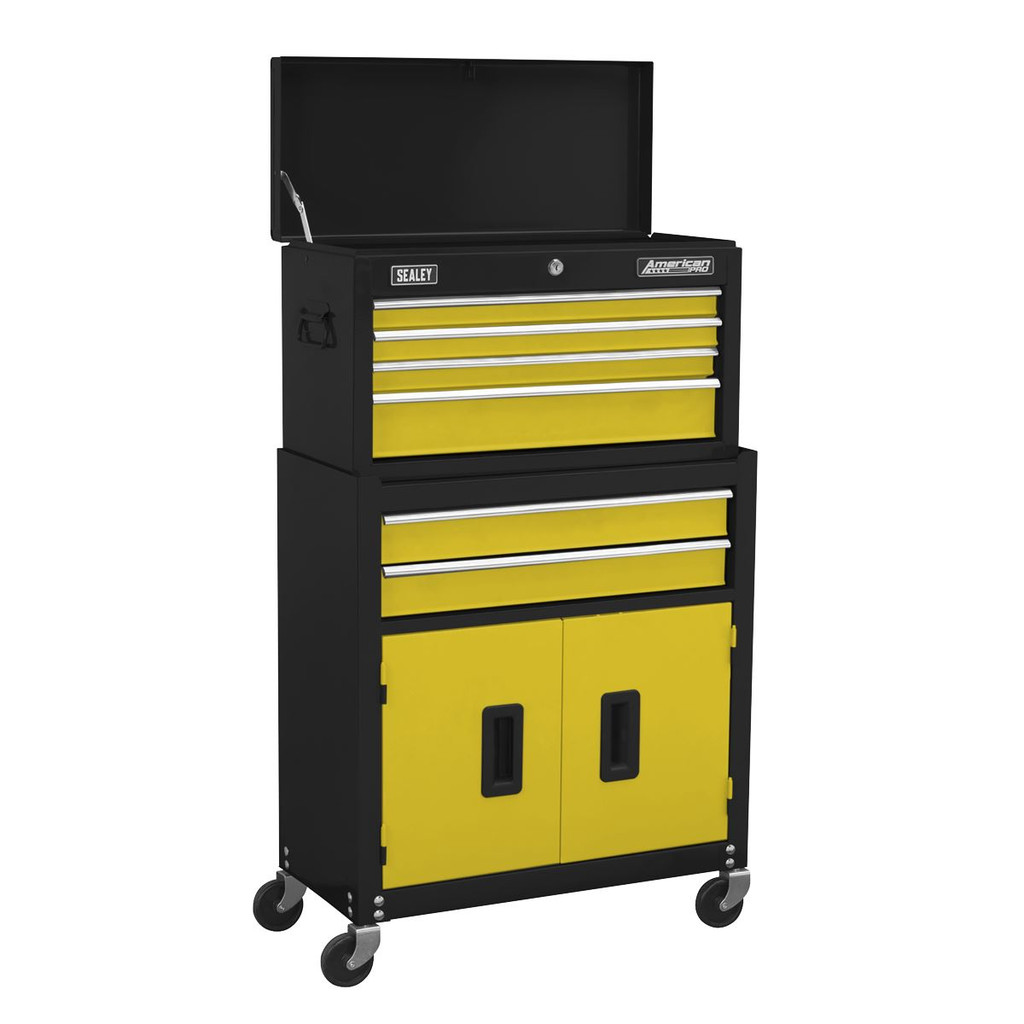 Sealey AP22YCOMBO Topchest & Rollcab Combination 6 Drawer with Ball-Bearing Slides - Yellow/Black & 170pc Tool Kit