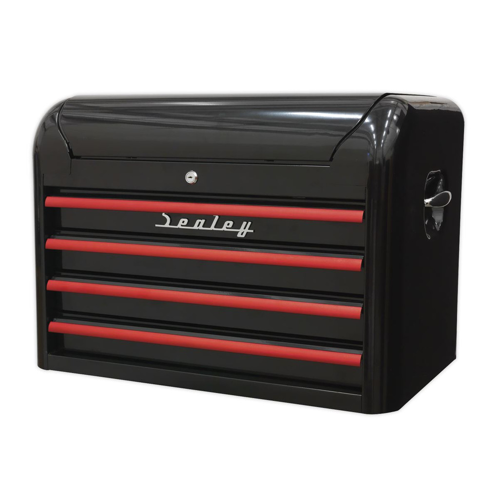 Sealey AP28104BR Topchest 4 Drawer Retro Style - Black with Red Anodised Drawer Pulls