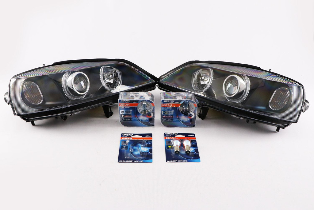 Angel eyes headlights set black Vauxhall Astra G MK4 98-04 with Osram bulbs