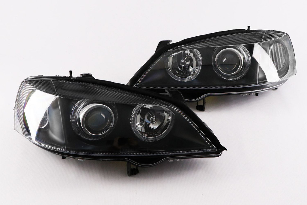 Angel eyes headlights set black Vauxhall Astra G MK4 98-04 with Osram bulbs