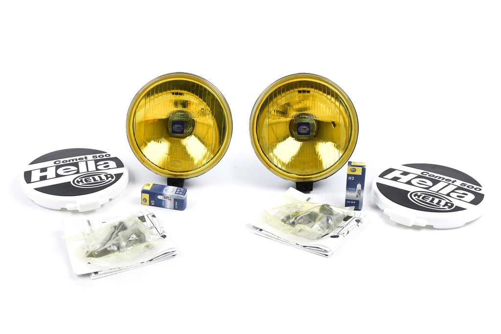 Hella Comet 500 yellow spotlight set with bulbs and mounting kit