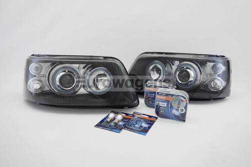 Angel eyes headlights set black VW Transporter Caravelle T5 03-09 with Osram bulbs