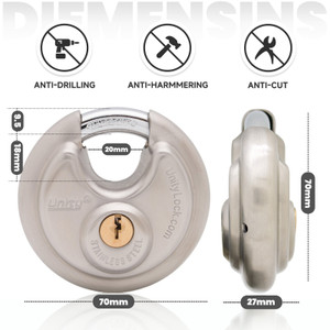 Unity Keyed Alike #304 Stainless Steel Disc Padlock, Same Key Open, for Self Storage, Farm, Truck, Trailer, Anti Cut 2-3/4"(70mm) Unity Keyed Alike #304 Stainless Steel Disc Padlock, Same Key Open, for Self Storage, Farm, Truck, Trailer, Anti Cut 2-3/4"(70mm)