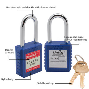 Unity Nylon safety lockout padlock with hardened steel shackle1-1/2"(40mm) , Keyed Alike - Blue Unity Nylon safety lockout padlock with hardened steel shackle1-1/2"(40mm) , Keyed Alike - Blue