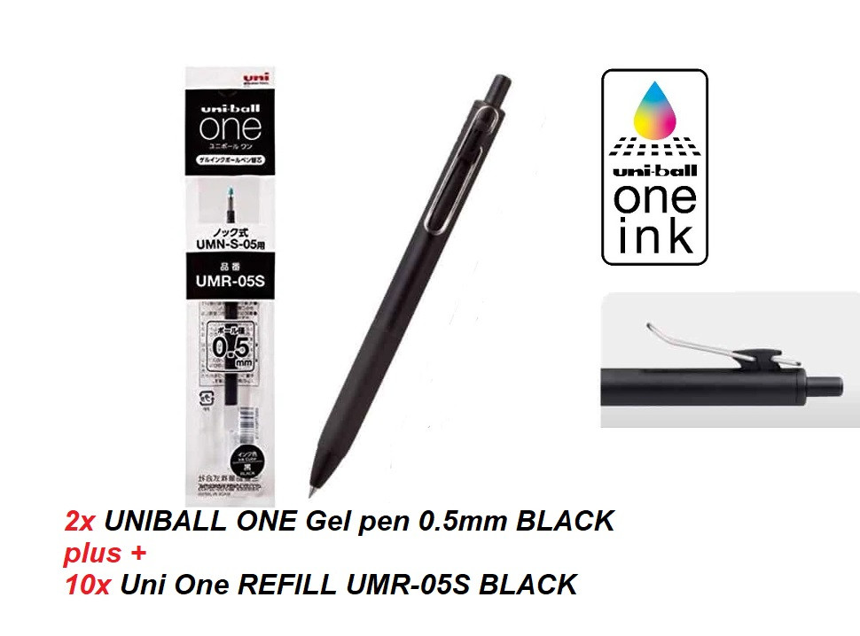2x Uniball One Retractable Gel Pens 0.5mm UMNS5BK +10x REFILLS
