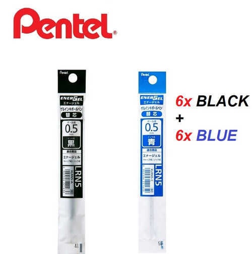  Pentel Energel XLRN5 Needle-Point Gel Ink 0.5mm REFILL - 6x BLACK + 6x BLUE