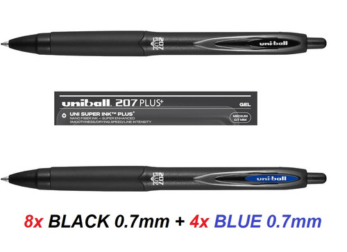 UNIBALL Signo 207 PLUS+ Gel Rollerball Pen 0.7mm -8x BLACK + 4x BLUE