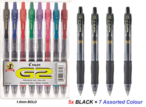  Pilot G2 Retractable Gel Pen tip 1.0mm  - 5x BLACK + 7 Assorted Colour