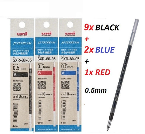  Uniball SXR80 Refill 0.5mm - 9x BLACK +2x BLUE + 1x RED