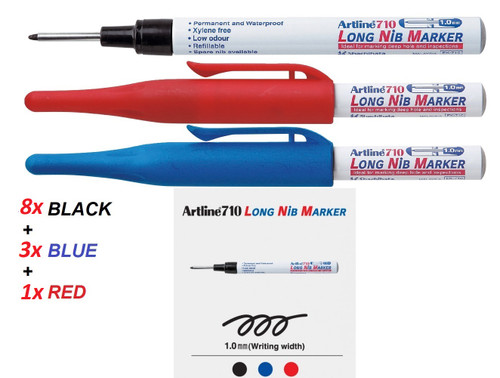 Artline Long Nib EK710 markers 1.0mm - 8x BLACK + 3x BLUE + 1x RED