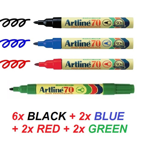  Artline Permanent Marker EK70 Bullet Tip 1.5mm - 6x BLACK + 2x BLUE + 2x RED + 2x GREEN