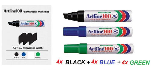 Artline EK100 Giant Permanent Markers 7.5mm to 12mm - (4x BLACK + 4x BLUE + 4x GREEN)