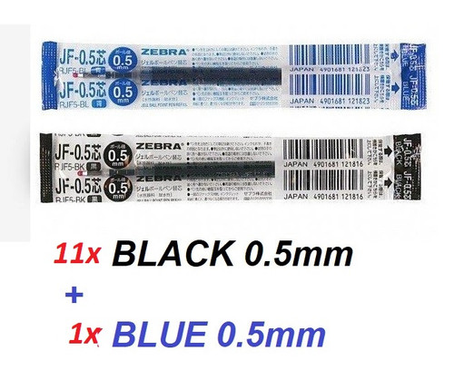 Zebra JF 0.5mm Gel ink Refills - 11x BLACK + 1x BLUE