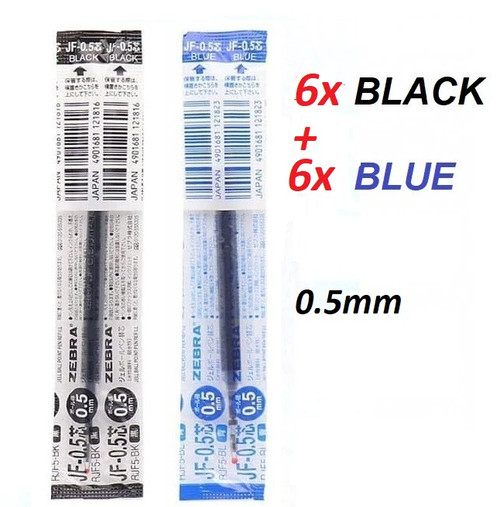 Zebra JF 0.5mm Gel ink Refills - 6x BLACK + 6x BLUE