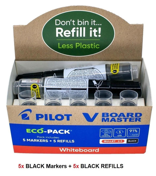 Pilot V Board Whiteboard Marker ECO Box - 5x BLACK Marker+ 5x REFILLS BLACK