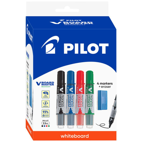Pilot V BOARD Master BULLET WHITEBOARD MARKER - BLACK+BLUE+RED+GREEN + ERASER