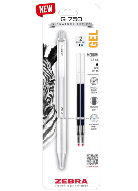  Zebra G750 Retractable Gel Pen, White Brass Barrel, Medium Point 0.7mm BLACK ink plus 2 refills