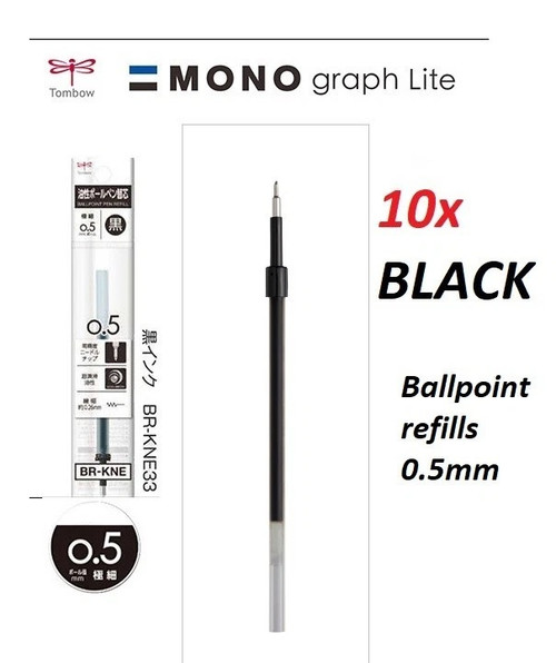 Tombow MONO Graph Lite Oil Based Ballpoint BR-KNE REFILLS 0.5mm - 10x BLACK