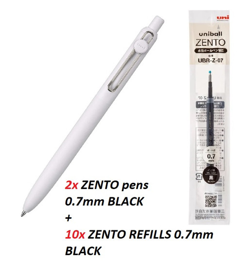 2x Uniball ZENTO 0.7mm gel pen Snow White BLACK INK + 10x ZENTO Refills 0.7mm BLACK INK