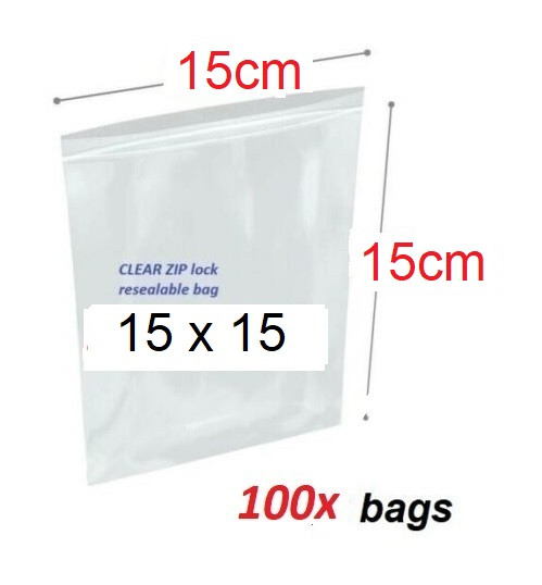 Clear Re-sealable plastic bag 15cm x 15cm Square  - 100x bags 