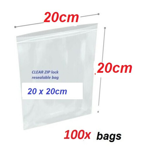 Clear Re-sealable plastic bag 20cm x 20cm - 100x bags
