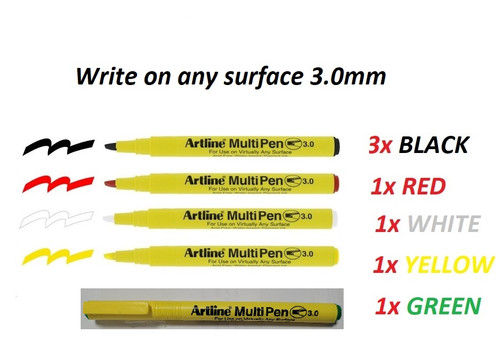 Artline Multi pen 3.0mm - 3x BLACK + 1x RED + 1x WHITE + 1x GREEN + 1x YELLOW