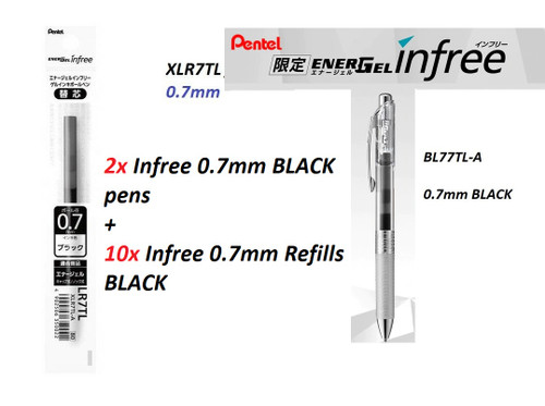 2x Pentel InFree 0.7mm Transparent body Gel Pens BL77TL BLACK+ 10x REFILLS BLACK