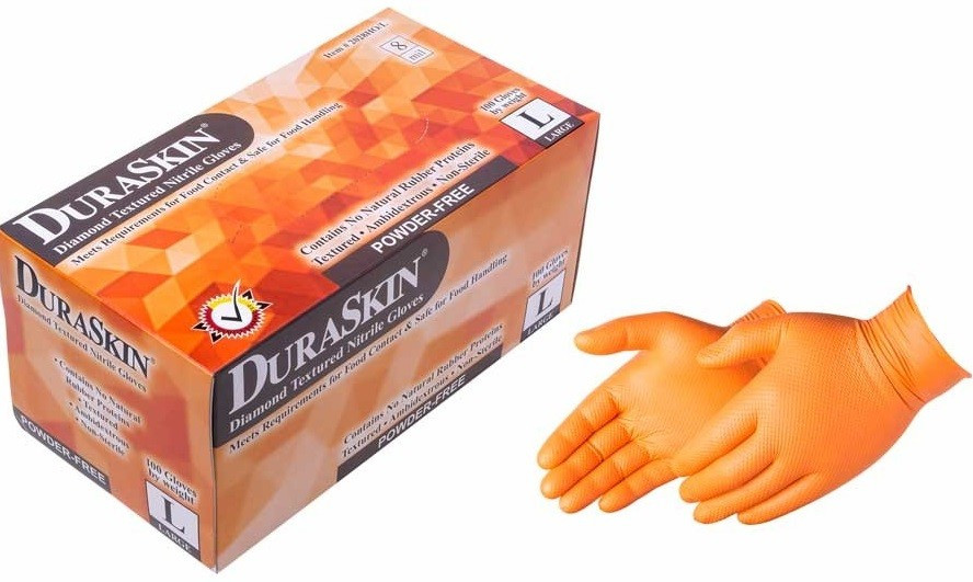 DuraSkin 2028HO orange nitrile disposable gloves with 8 mil thickness, raised diamond grip texture, powder-free construction, and heavy-duty industrial hand protection