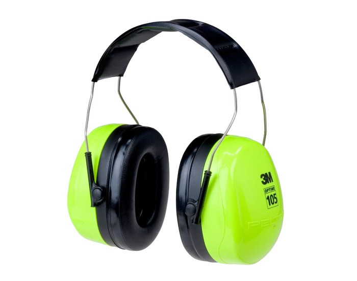 3M PELTOR Optime 105 H10A HV hi-visibility over-the-head earmuffs with NRR 30 dB hearing protection, stainless steel headband, and double-shell ear cup technology for industrial noise reduction