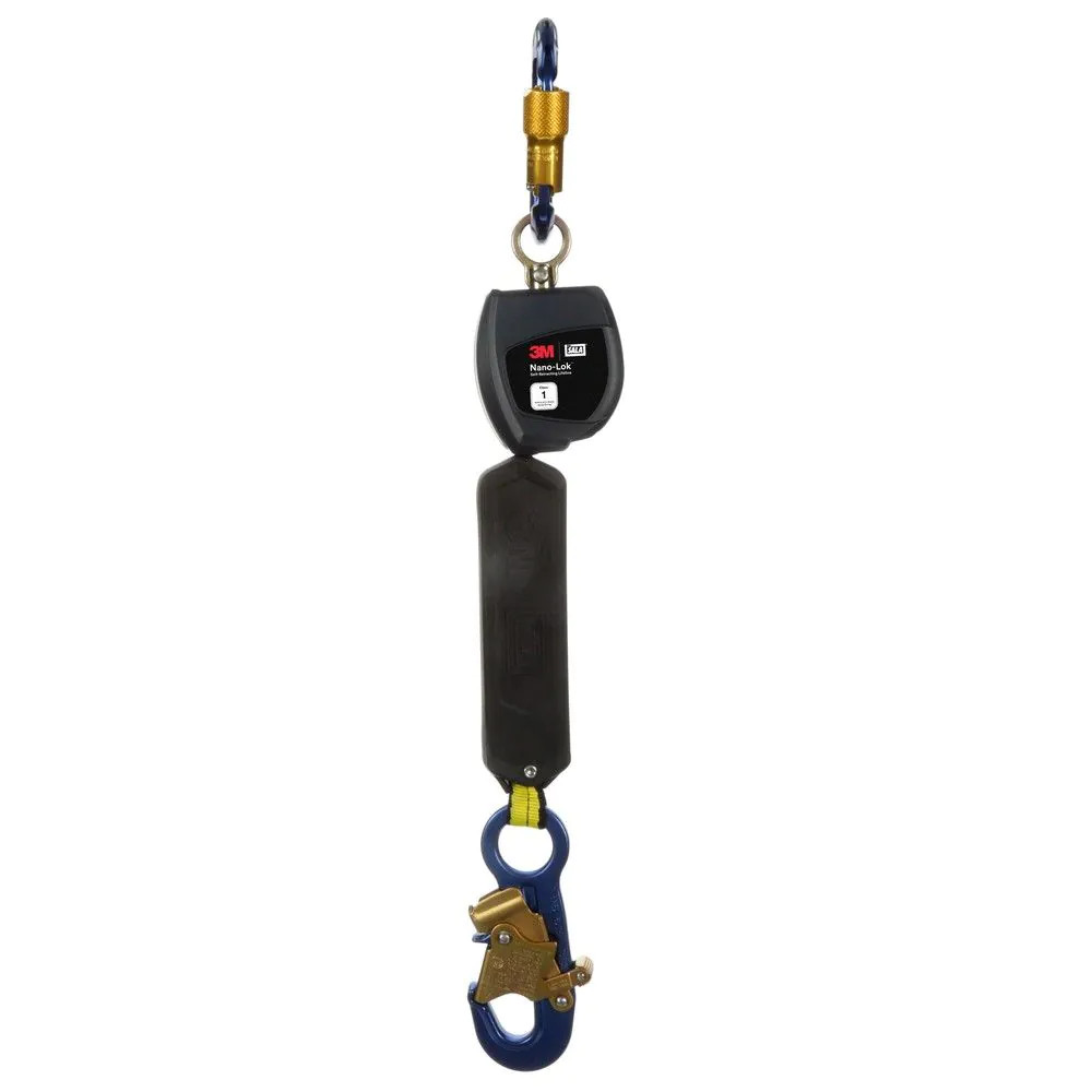 3M DBI-SALA 3100519 Nano-Lok self-retracting lifeline with 6 ft webbing, aluminum carabiner connector, aluminum snap hook, and compact thermoplastic housing for industrial fall protection
