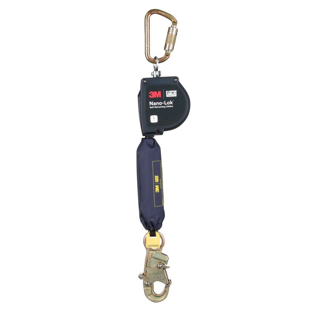 3M DBI-SALA 3100607 Nano-Lok XL 9 ft self-retracting lifeline with web lifeline, steel snap hook, steel carabiner anchor connector, and compact thermoplastic housing for industrial fall protection