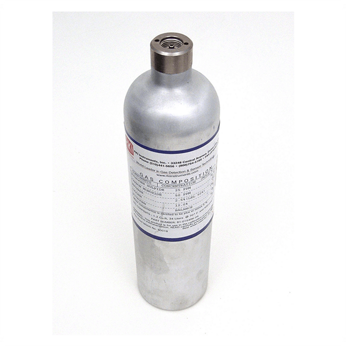 RKI Calibration Gas Cylinder, Quad Mix, CH4 50%, H2S 25 ppm, CO 50 ppm, O2 12% Vol, N2 Balance, 34 Liter, SKU#81-0154RK-04, Hazmat
