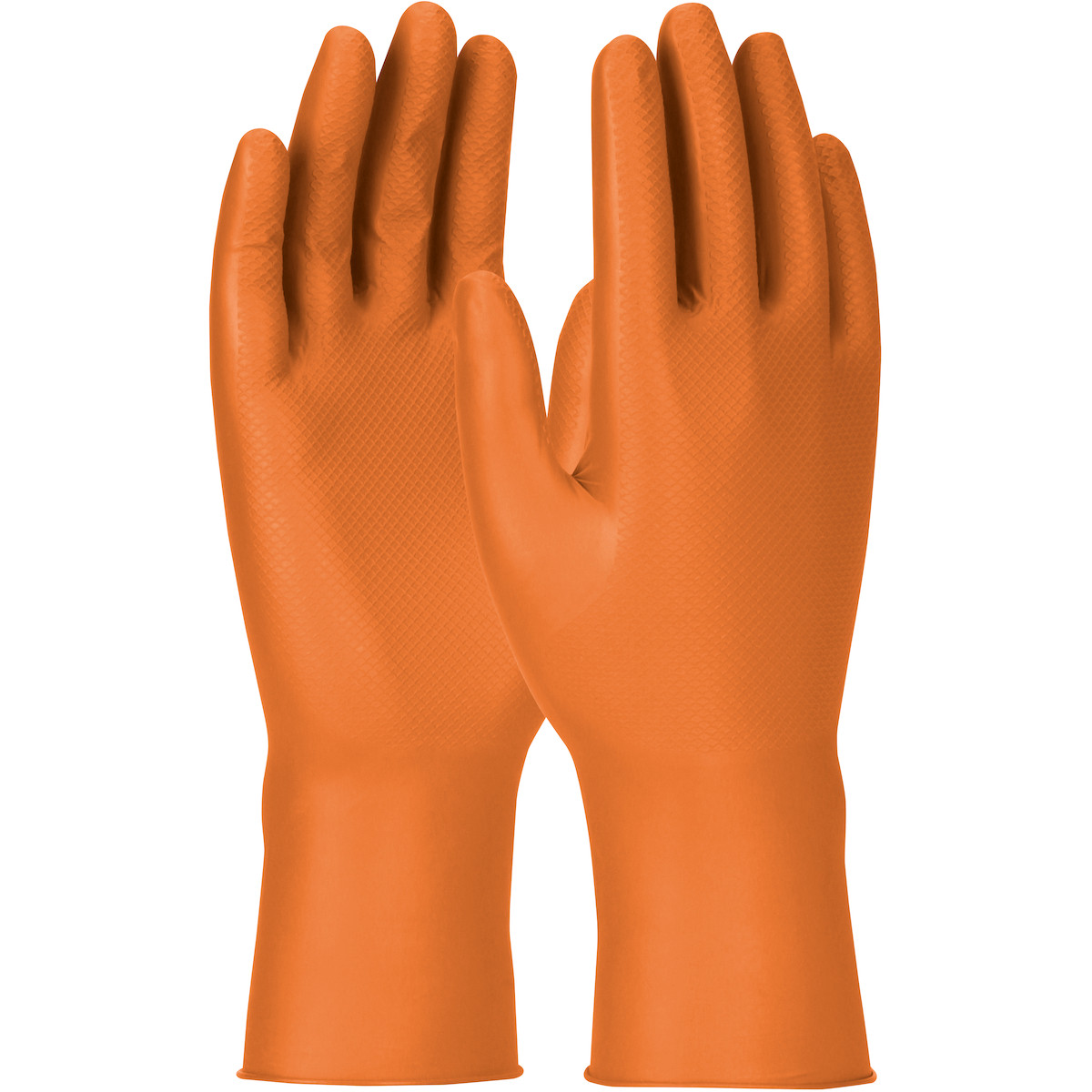 Ambi-dex Grippaz Engage Orange Nitrile Disposable Gloves, 7 mil Thickness, Powder Free, Embossed Diamond Grip, 50 each/box, SKU 67-307