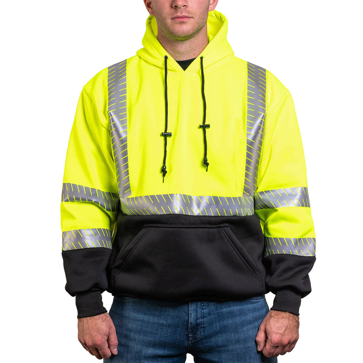 GAME 8550E Hi-Viz Class 3 Pullover Hoodie Sweatshirt, Black Bottom, Segmented Reflective Tape