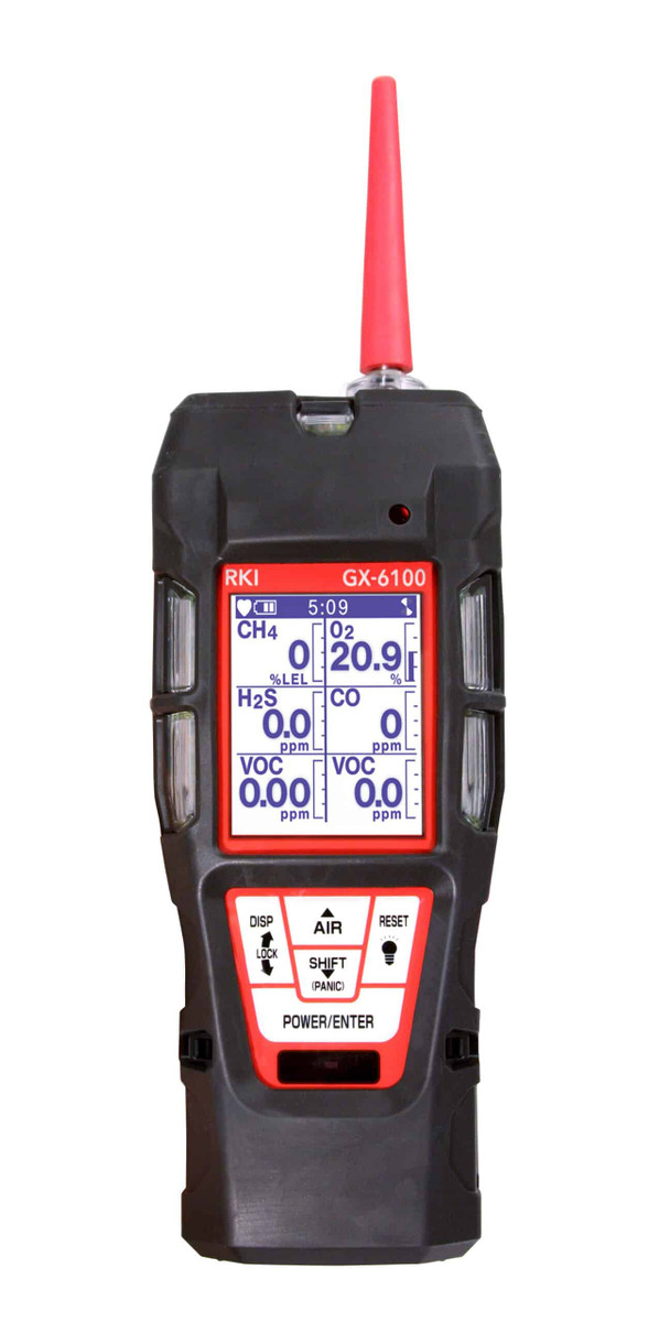 RKI GX-6100 Portable Gas Monitor, LEL, O2, H2S, CO, PID-VOC 10.6 eV Lamp High Range 0 - 4000 ppm / TC % Vol. Li-Ion battery pack and 115 VAC charger