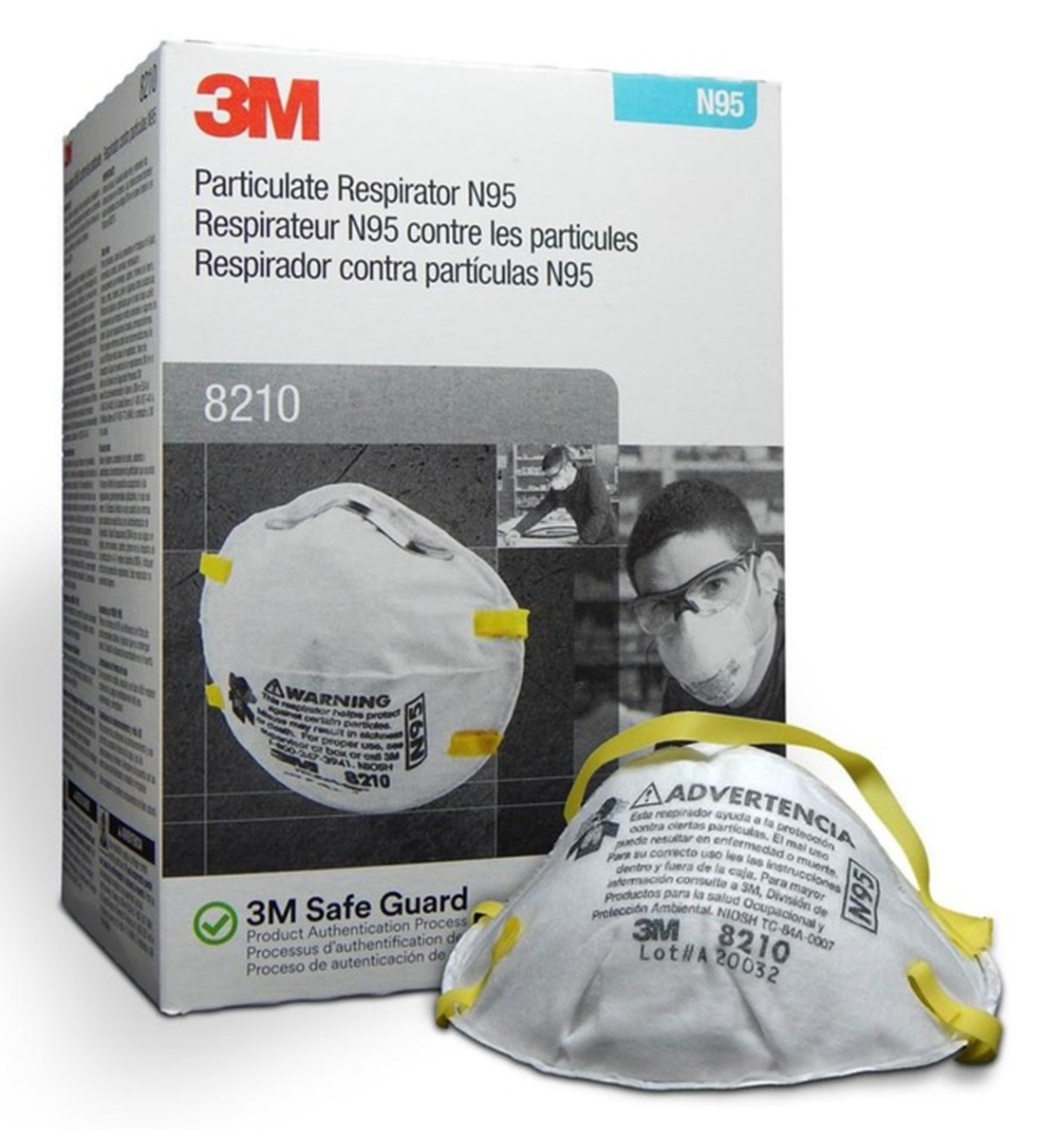 3M Particulate Respirator 8210, N95, Two-Strap Design, Cushioning Nose Foam, Box of 20