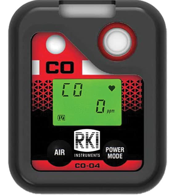 RKI CO-04 portable carbon monoxide single gas detector with LCD display, alligator clip, audible alarms, and rugged IP67 housing for industrial gas monitoring