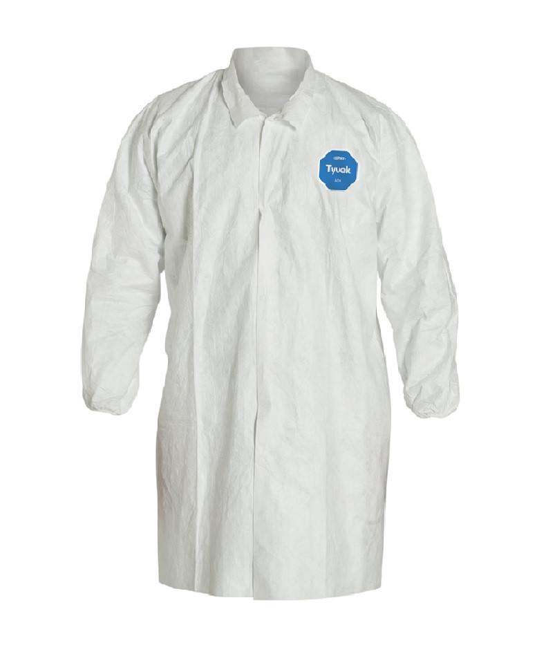 DuPont Tyvek® 400 Labcoat TY211SWH Front Snap Closure, Elastic Wrist, Extends to Knee, No Pockets. Sold Per Case (30 each)