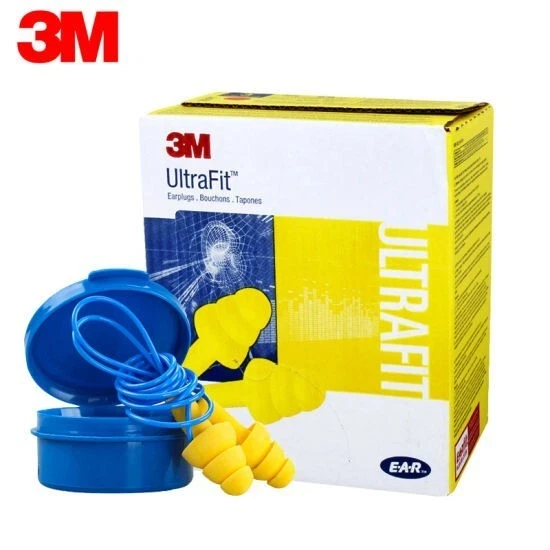 3M E-A-R UltraFit reusable corded earplugs with triple-flange design, carrying case, and NRR 25 dB hearing protection for industrial and occupational noise reduction