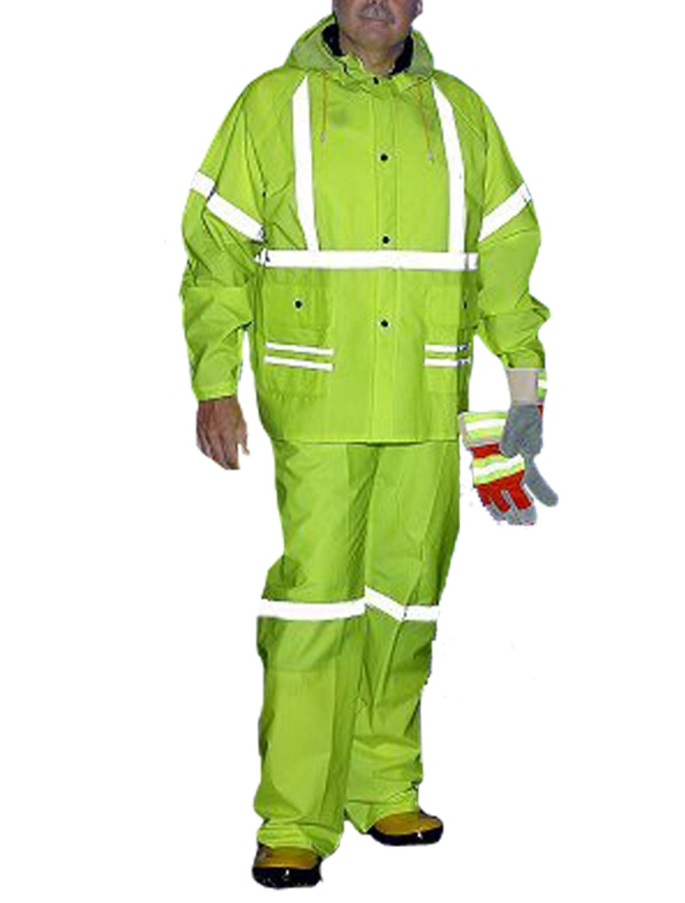 Workforce RLS89 Storm Stripes 3 Piece Rainwear Suit, Hi-Visibility Lime  Green, .35 mm PVC/Polyester, Reflective Striping