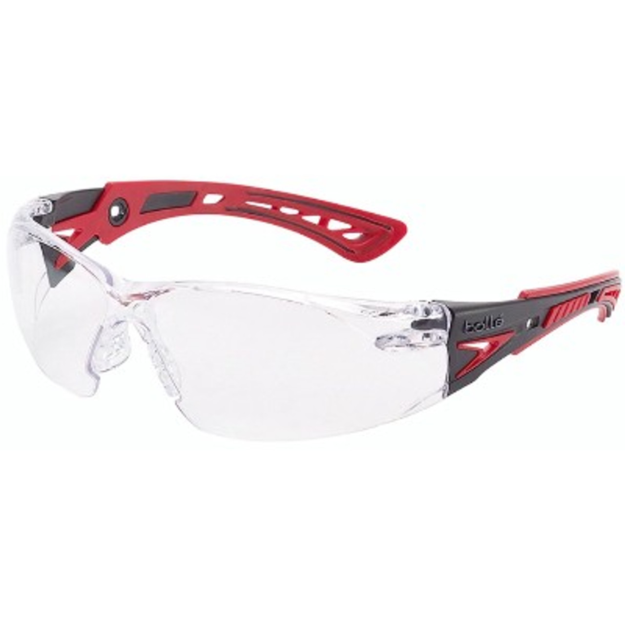 Bolle® Rush+ Safety Glasses, Black/Red Temples , Clear AF Lens | Mfg# 41080