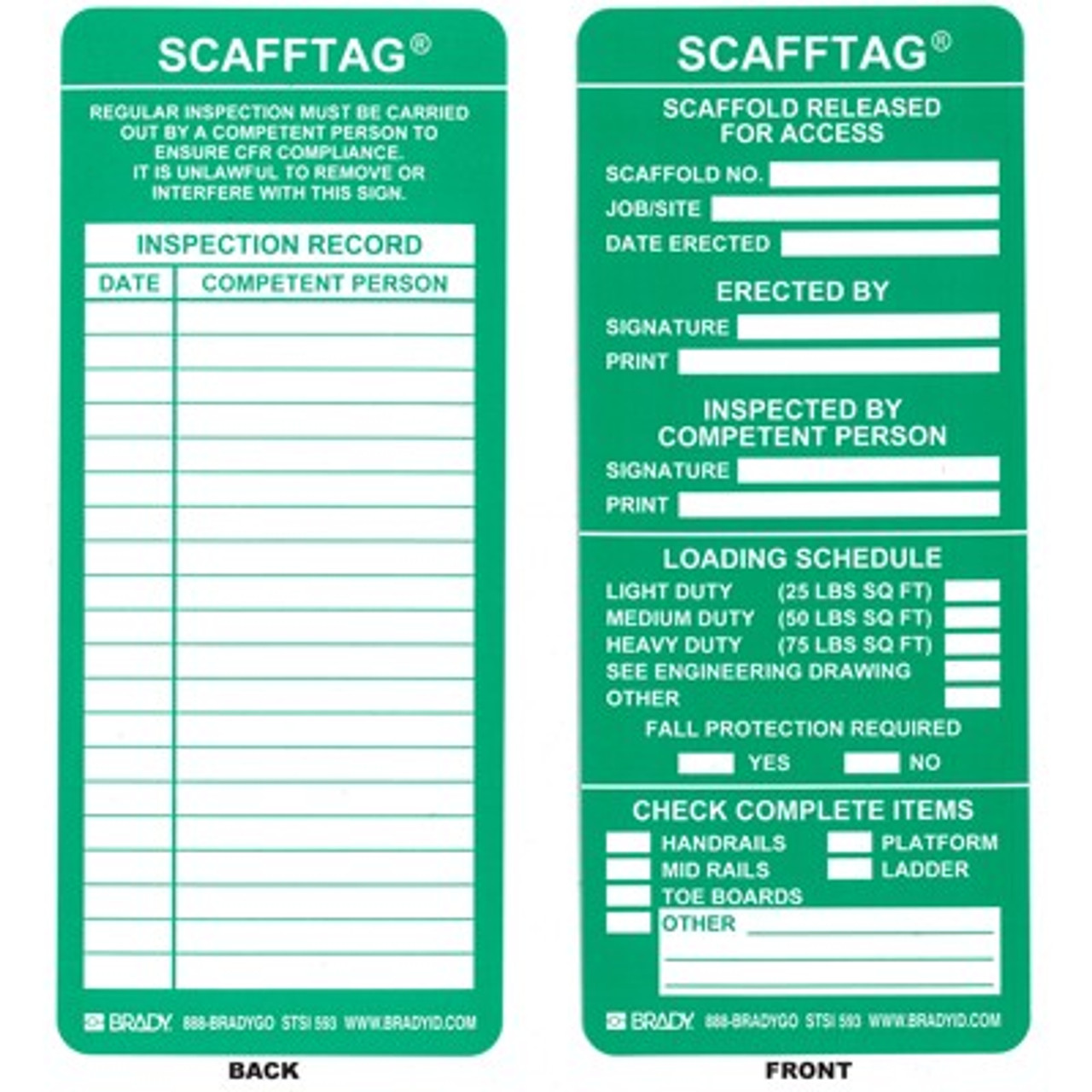 SCAFFTAG® Green Inspection Inserts by Brady ID, 100 ea/pkg, SCAF