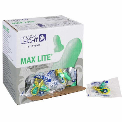 Honeywell Howard Leight LPF-30 MAX LITE Disposable Foam Corded Earplugs, 100 Pairs/Box