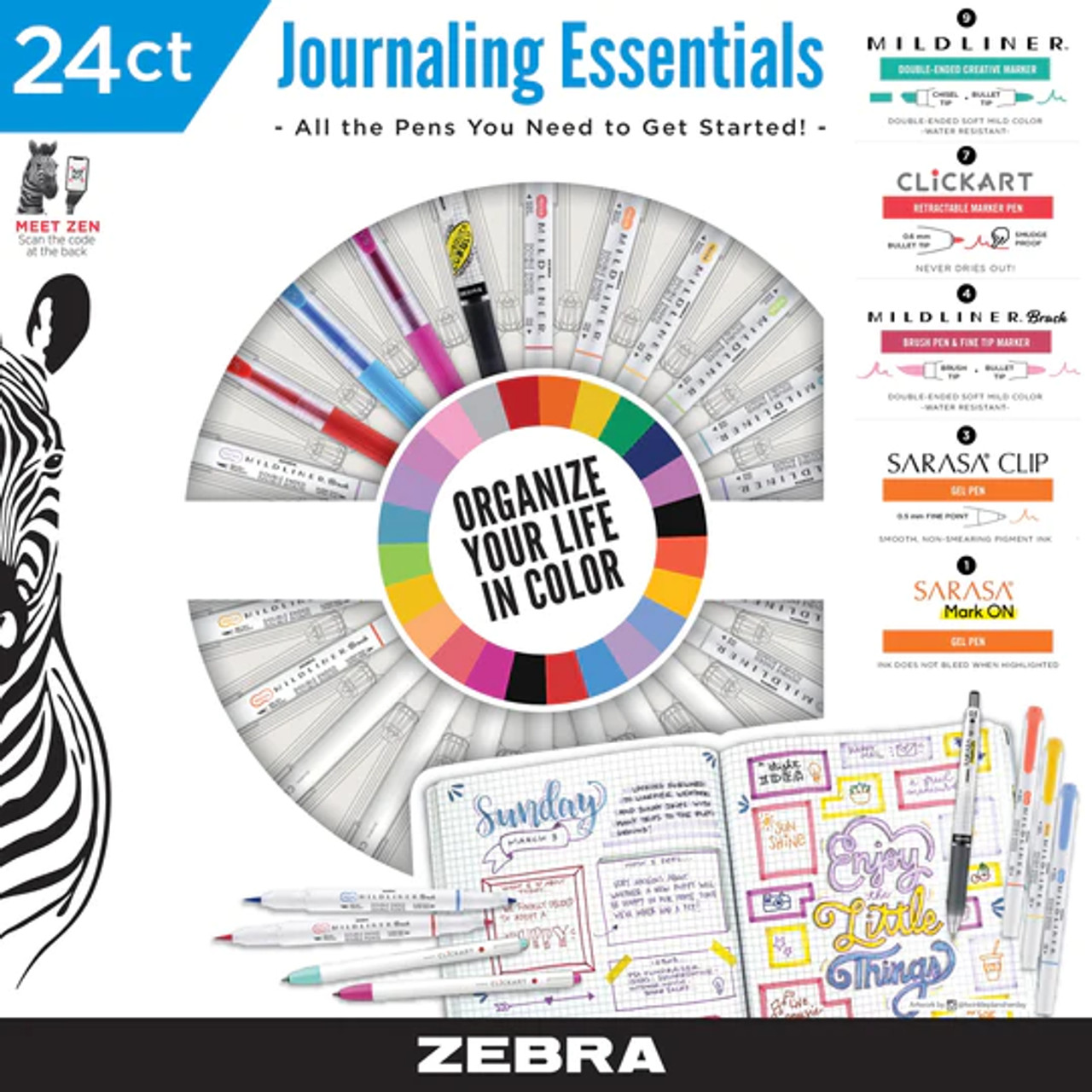 Zebra Pen Journaling Set - 7 Mildliner Highlighters 7 Sarasa Clip