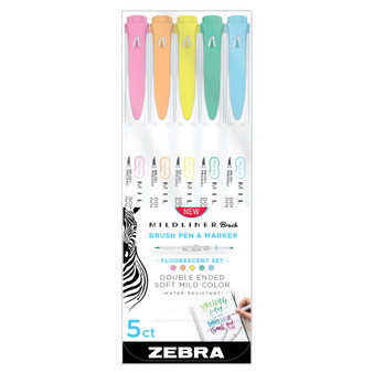 Zebra Mildliner Double-Ended Brush Pen Set of 5 Fluorescent Colors